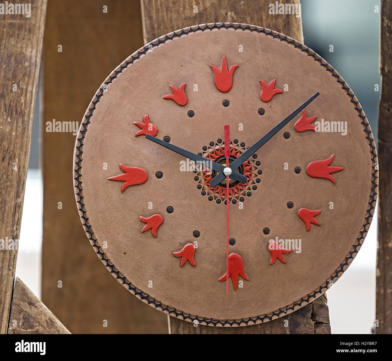 Clock from leather with decorations, traditional Hungarian. Handmade