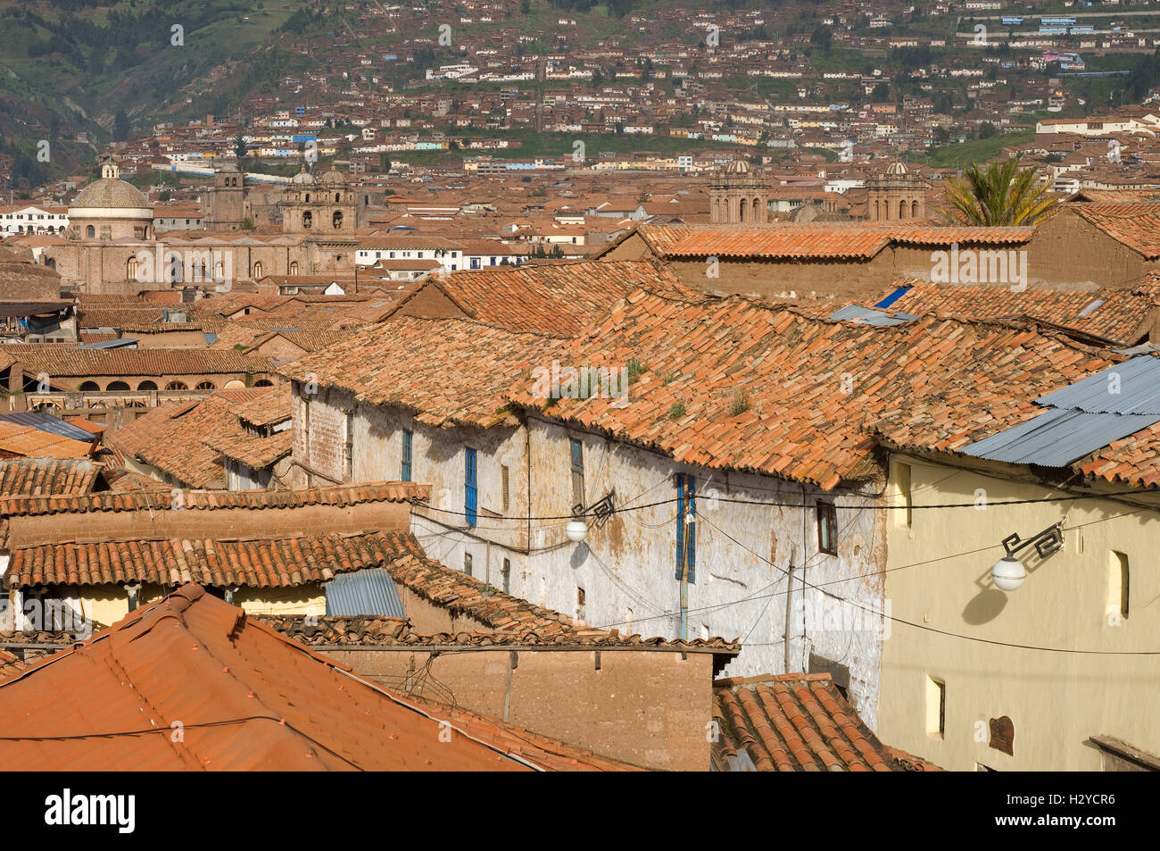 Old town of Cuzco where tile roofs dominate. Cuzco. Situated in the Peruvian Andes, Cuzco developed, under the Inca ruler Pachac Stock Photo