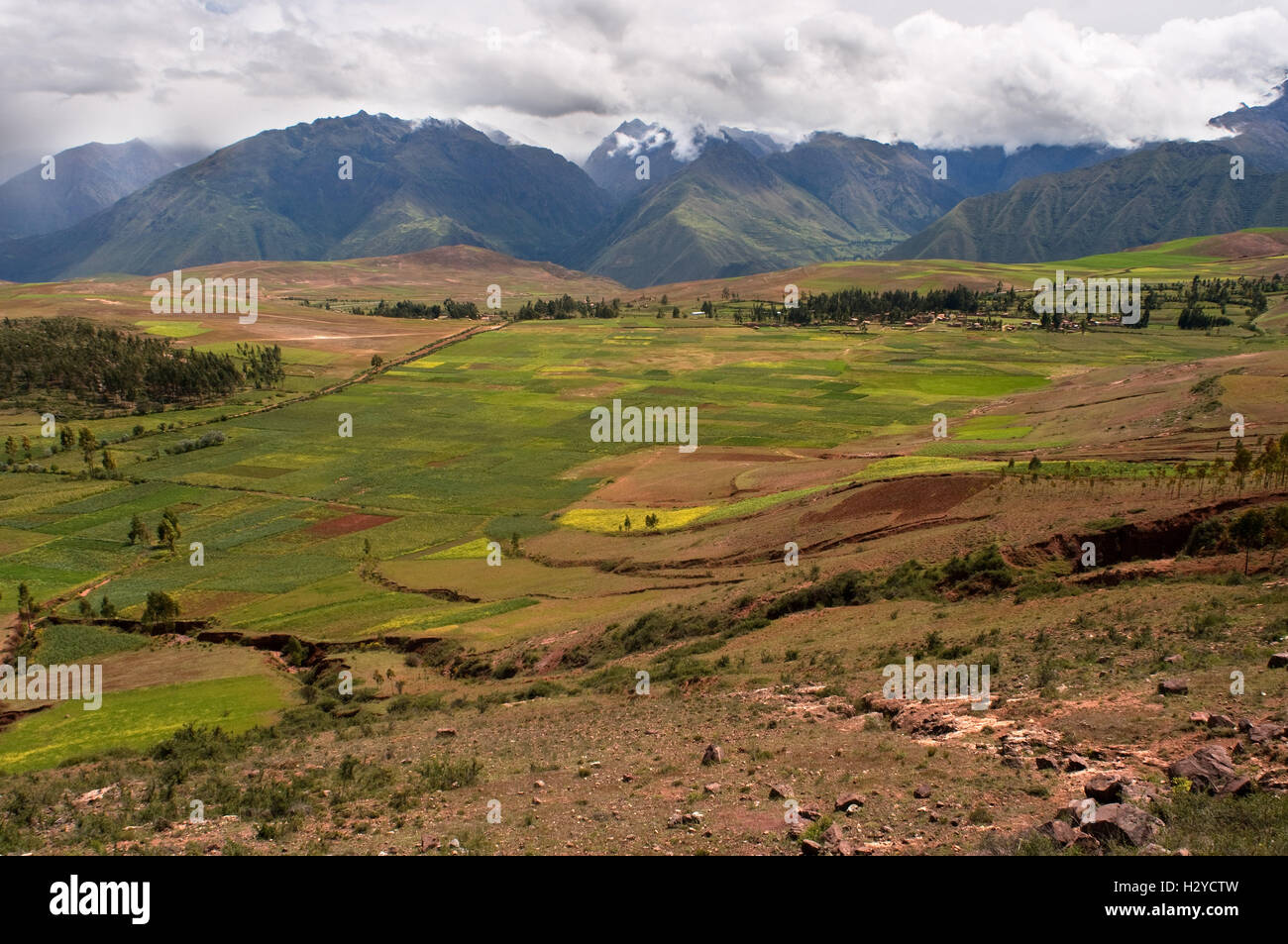 Landscape in the Sacred Valley near Cuzco. The Sacred Valley of the Incas or the Urubamba Valley is a valley in the Andes of Per Stock Photo