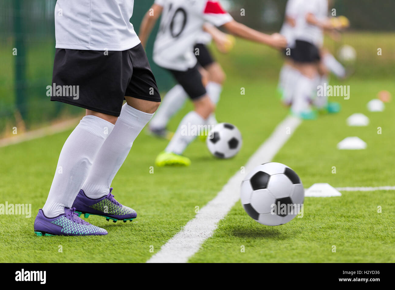 Football soccer training for youth teams. Young footballers kicking