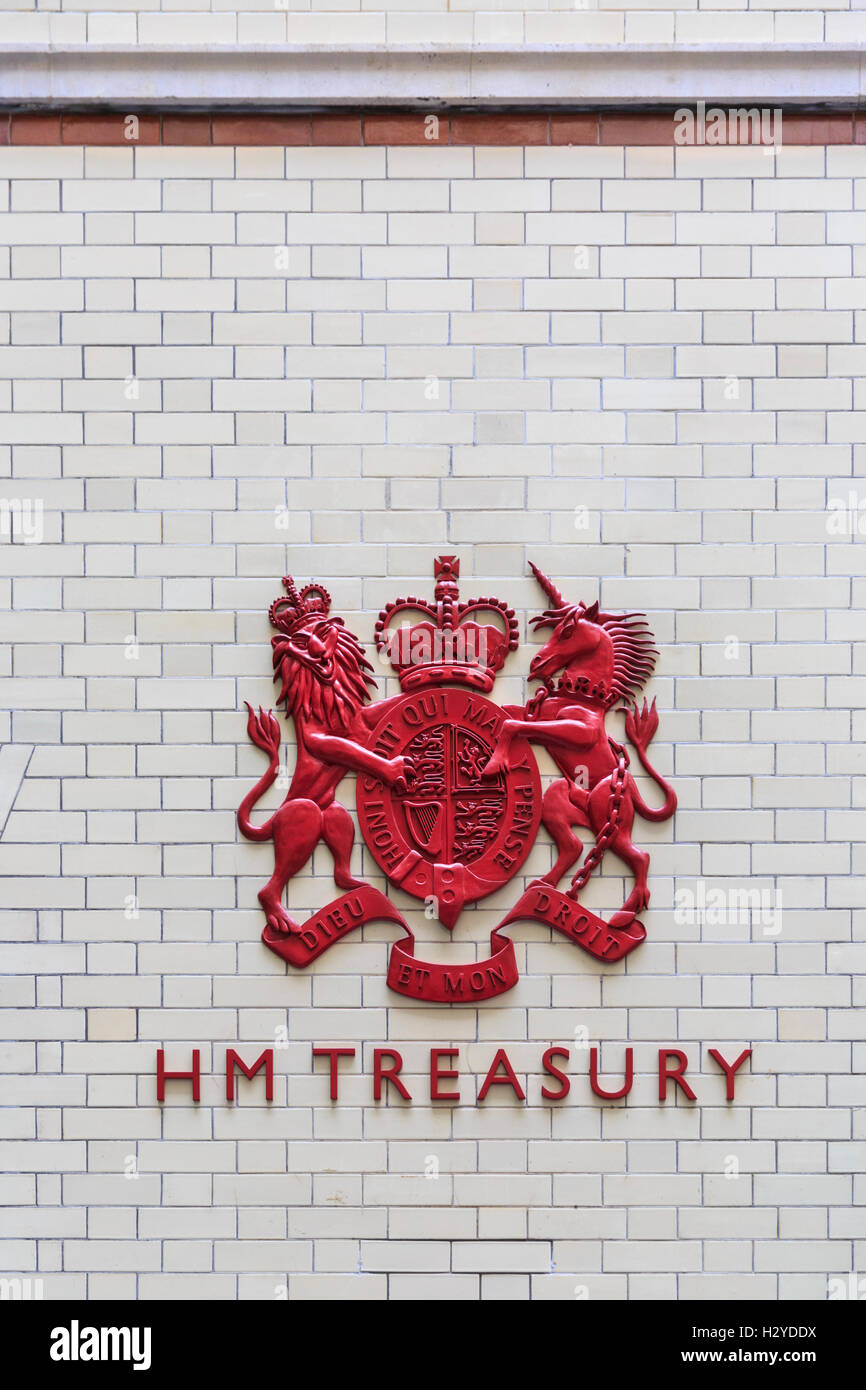 HM Treasury sign on the outside of the building, Whitehall, Westminster, London Stock Photo
