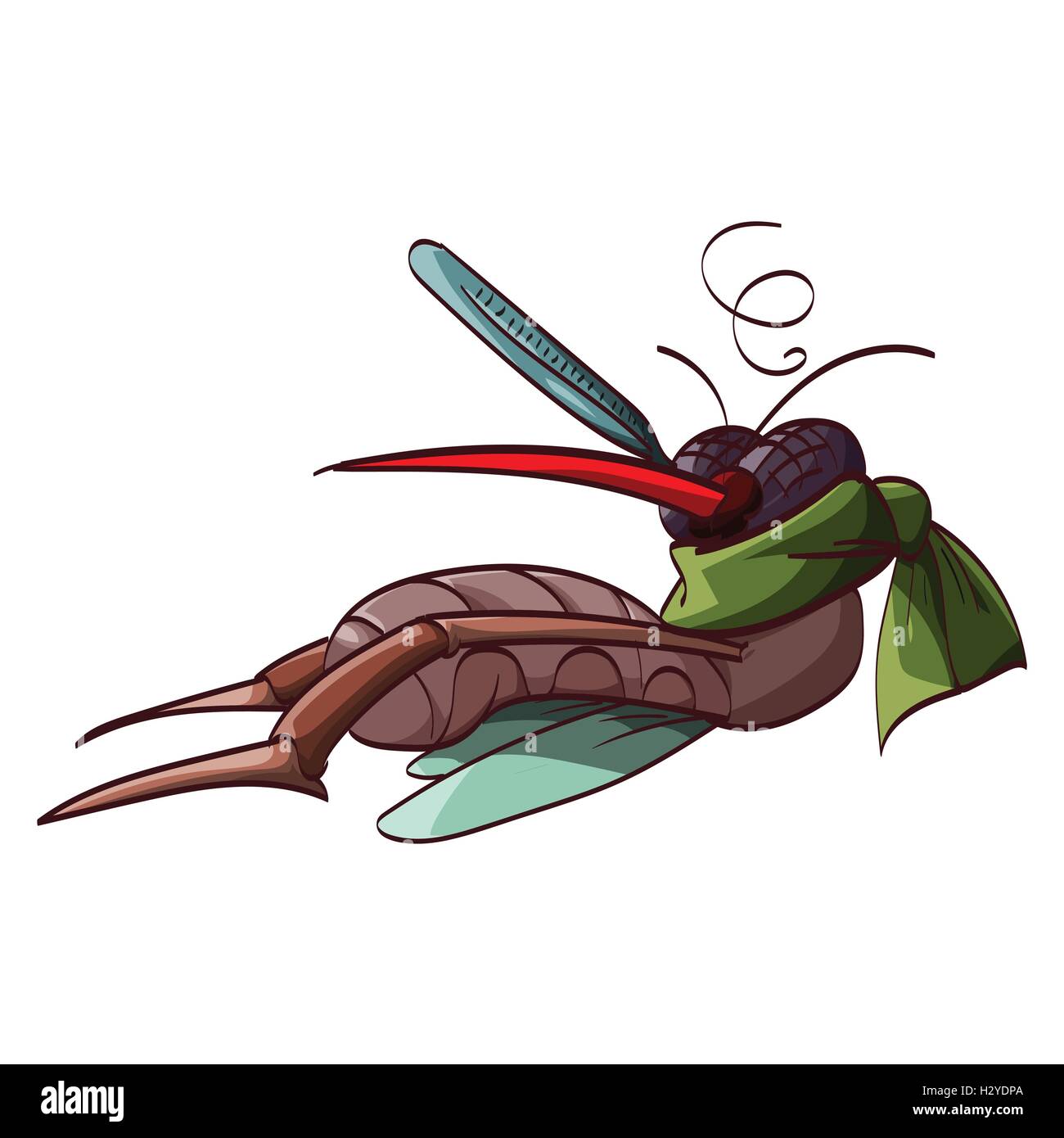 Colorful vector illustration of a cartoon sick mosquito with a thermometer and a scarf, lying down Stock Vector