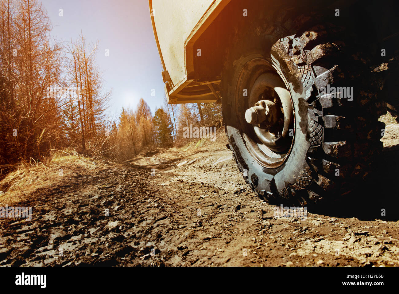 Wheel of car SUV on the offroad background Stock Photo