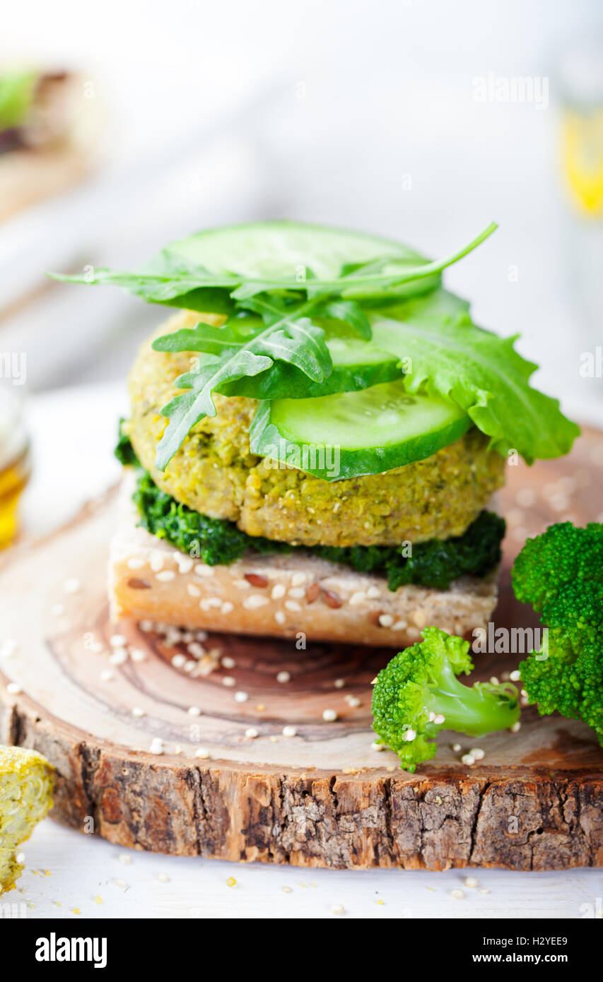 Healthy vegan burger with broccoli, spinach patty Stock Photo