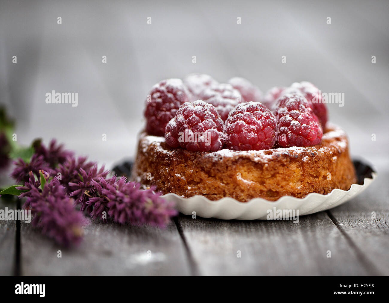Food Still Life with Raspberry tarte and fresh Lavender on rustic wooden table Stock Photo