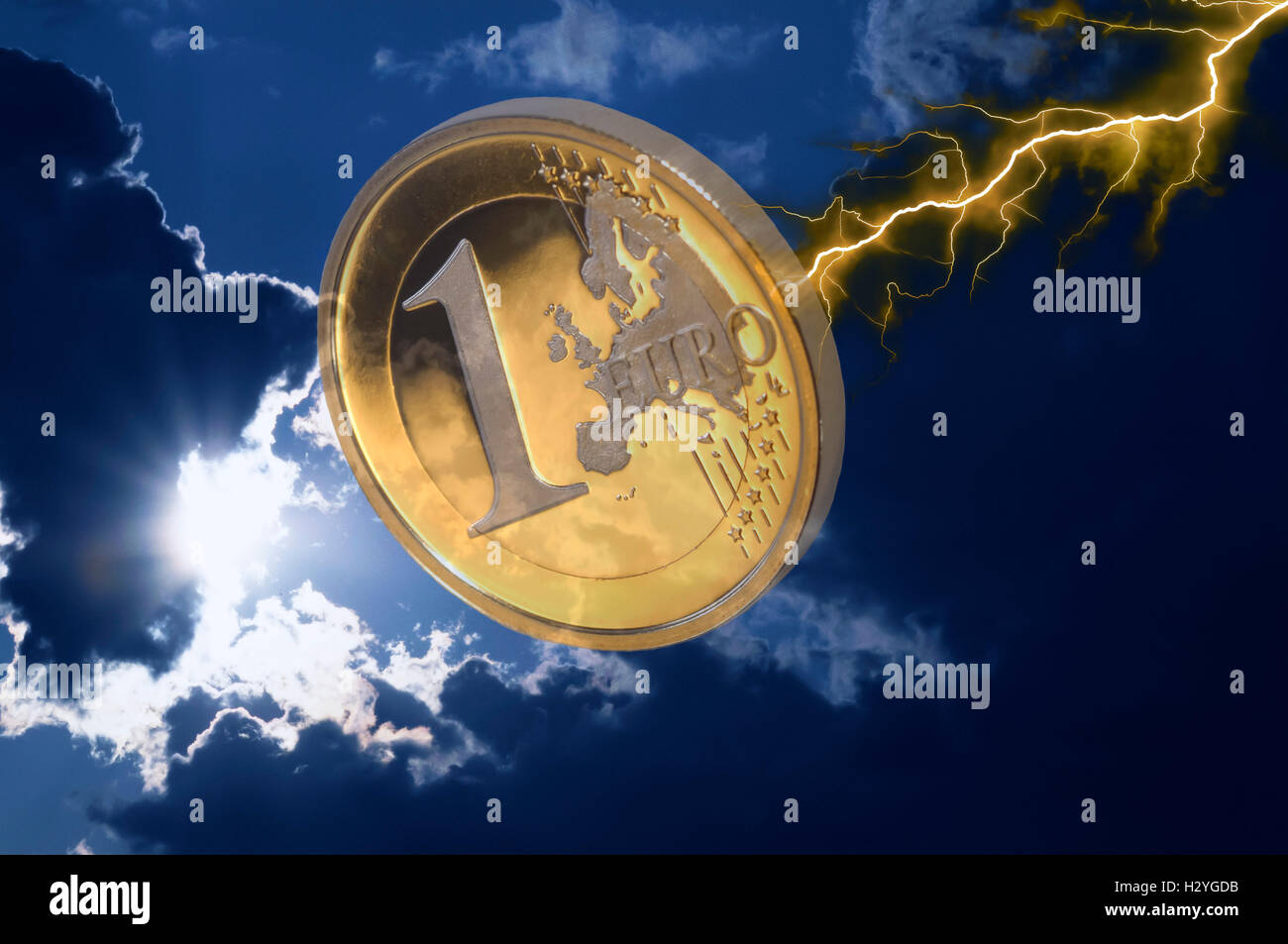 Euro, euro coin, lightning, storm clouds, financial crisis, financial market Stock Photo