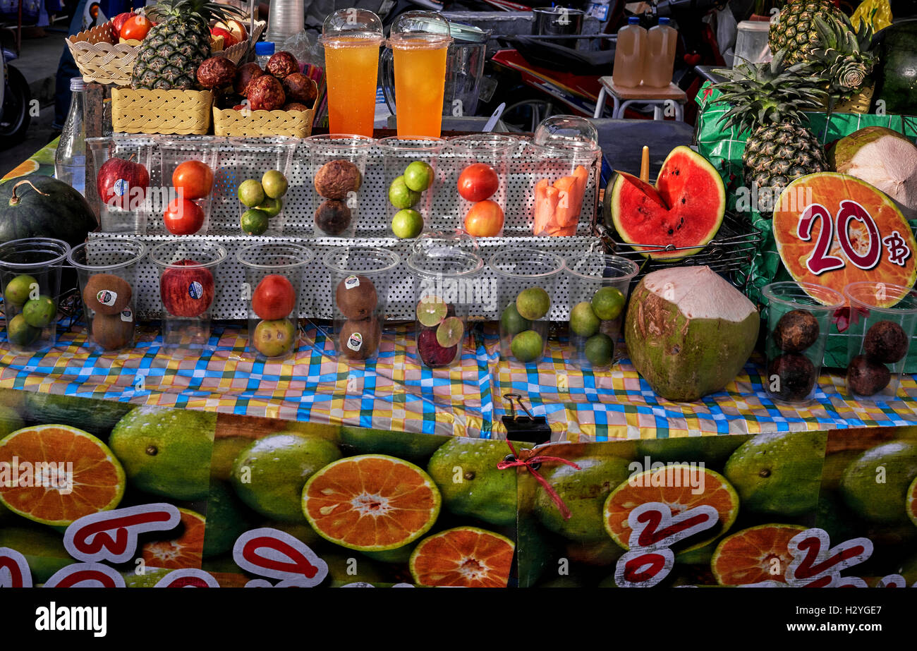 Fruit juice drink stall at a Thai street market. Thailand S. E. Asia