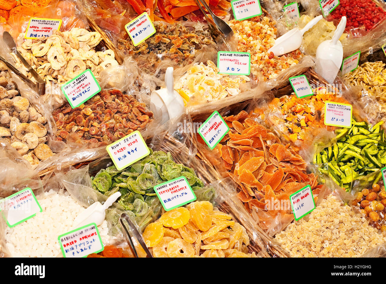 Dried fruits at a market stall in Florence, Tuscany, Italy, Europe