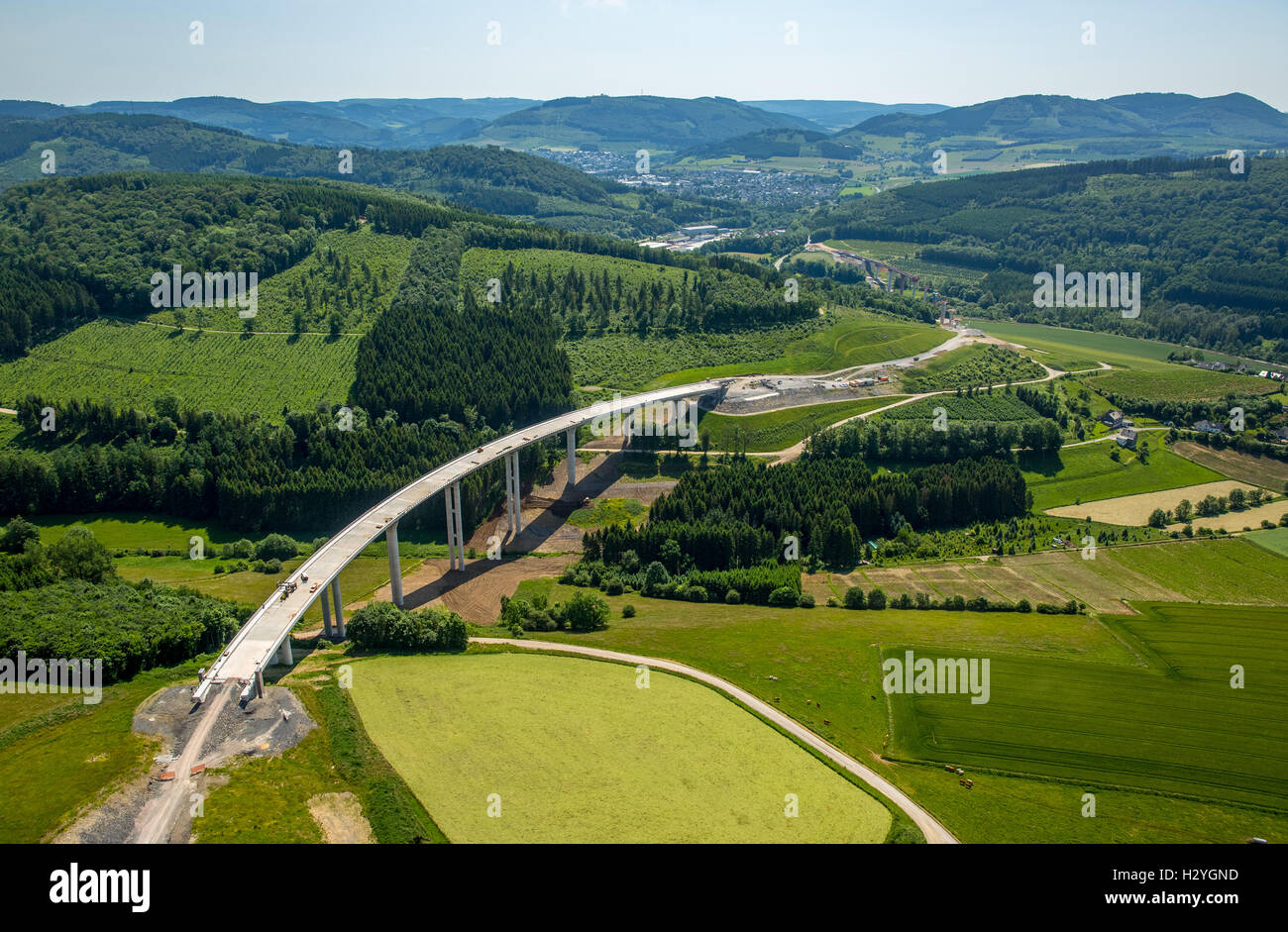 Aerial view, A46 expansion, Bestwig and Olsberg, motorway bridges, Sauerland, North Rhine-Westphalia, Germany Stock Photo