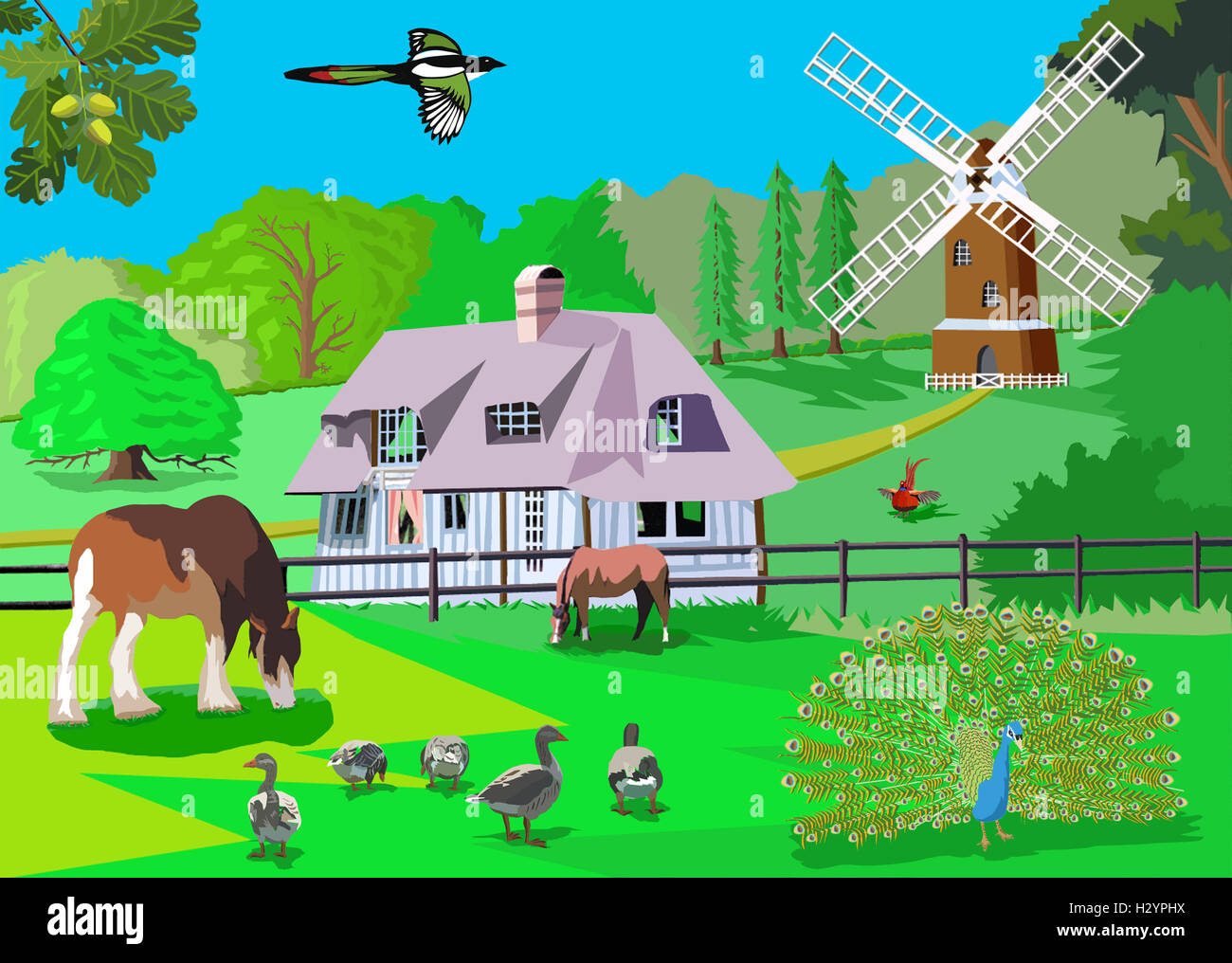 French landscape of farmhouse with animals computer art Stock Photo