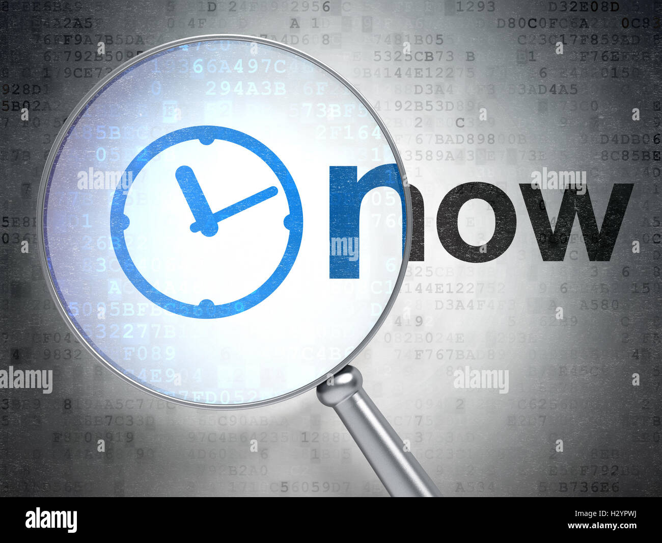 Timeline concept: Clock and Now with optical glass Stock Photo - Alamy