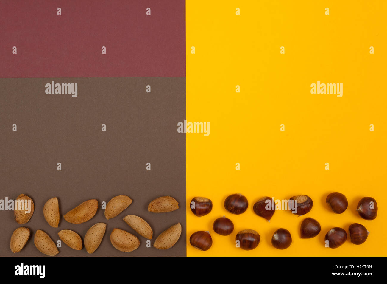 Autumn fruit pattern on orange and brown split background Stock Photo