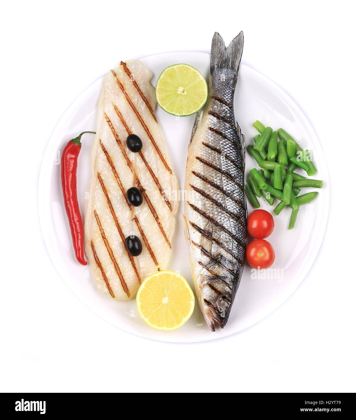 Grilled seabass with pangasius fillet Stock Photo Alamy