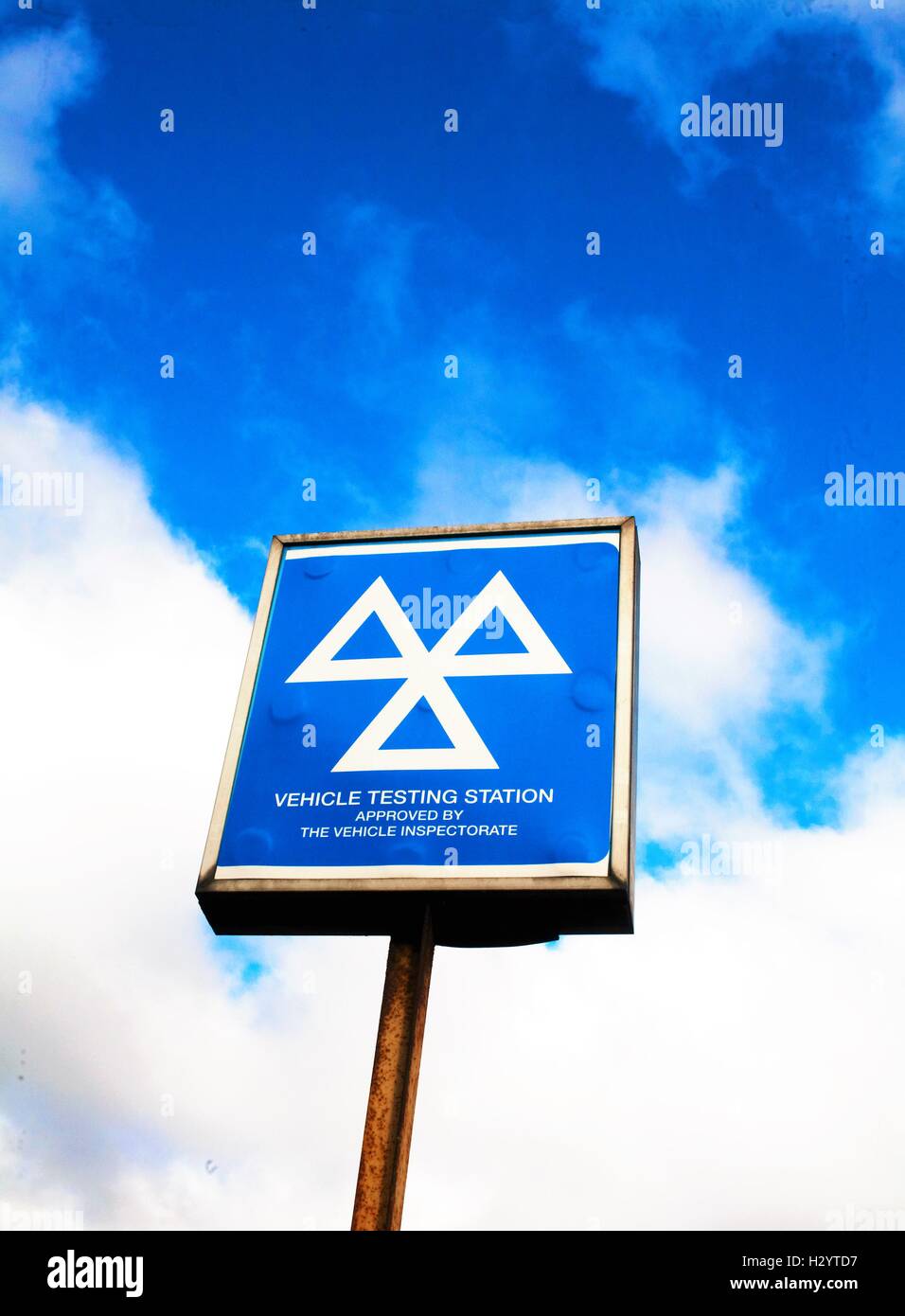 M.O.T station sign in sky Stock Photo