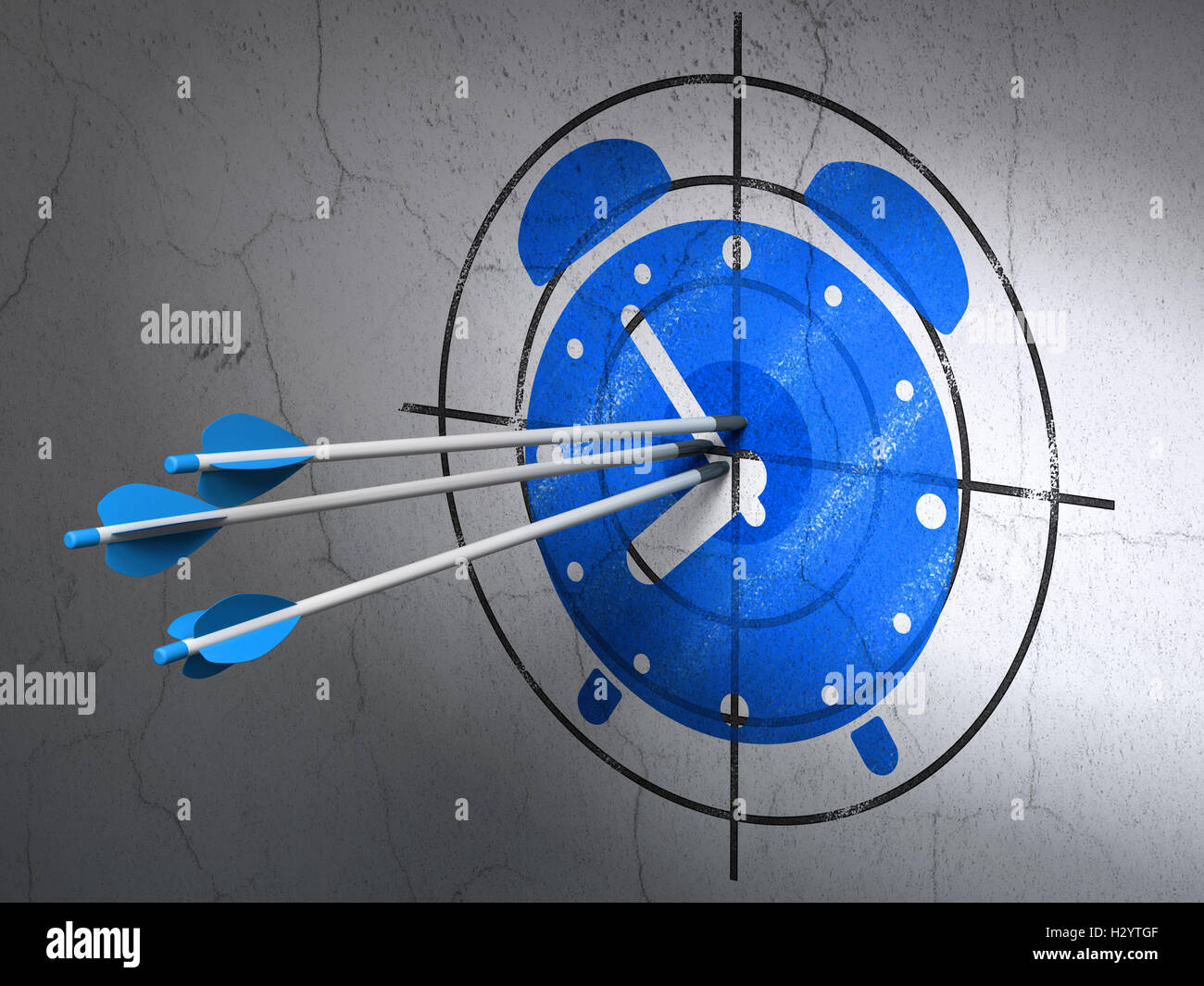 Time concept arrows in Alarm Clock target on wall background Stock