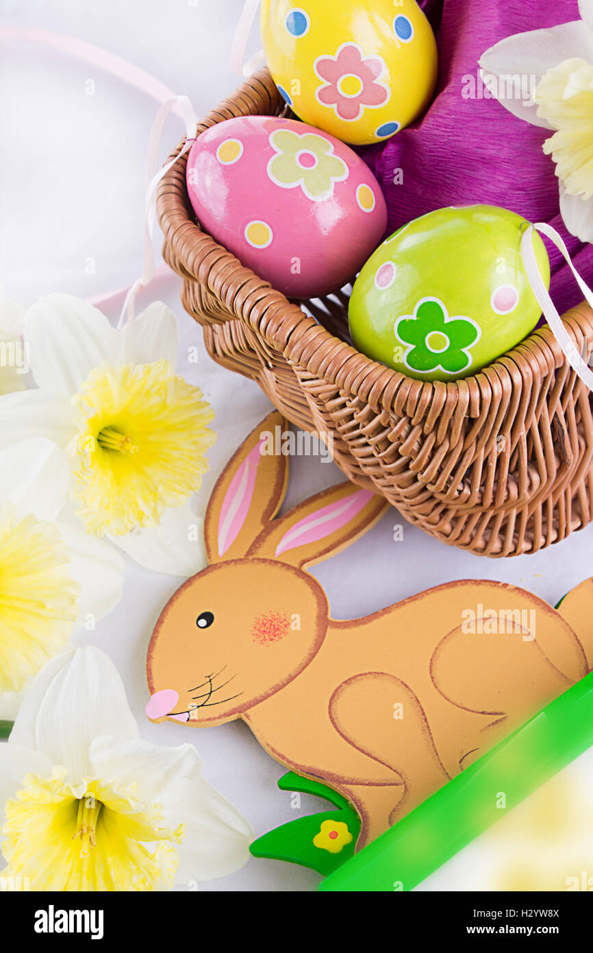 Easter decoration with rabbit, eggs and tulips Stock Photo - Alamy