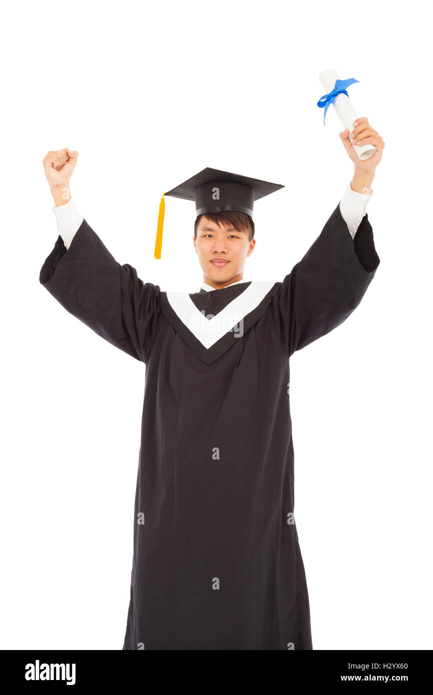 asian happy graduating student raise hand with diploma Stock Photo
