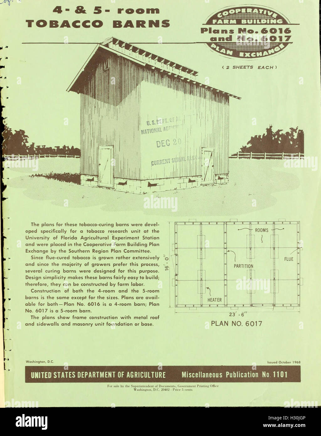 This document provides an architectural study of 4- and 5-room tobacco barns,  focusing on their design and construction methods used for tobacco curing  and storage Stock Photo