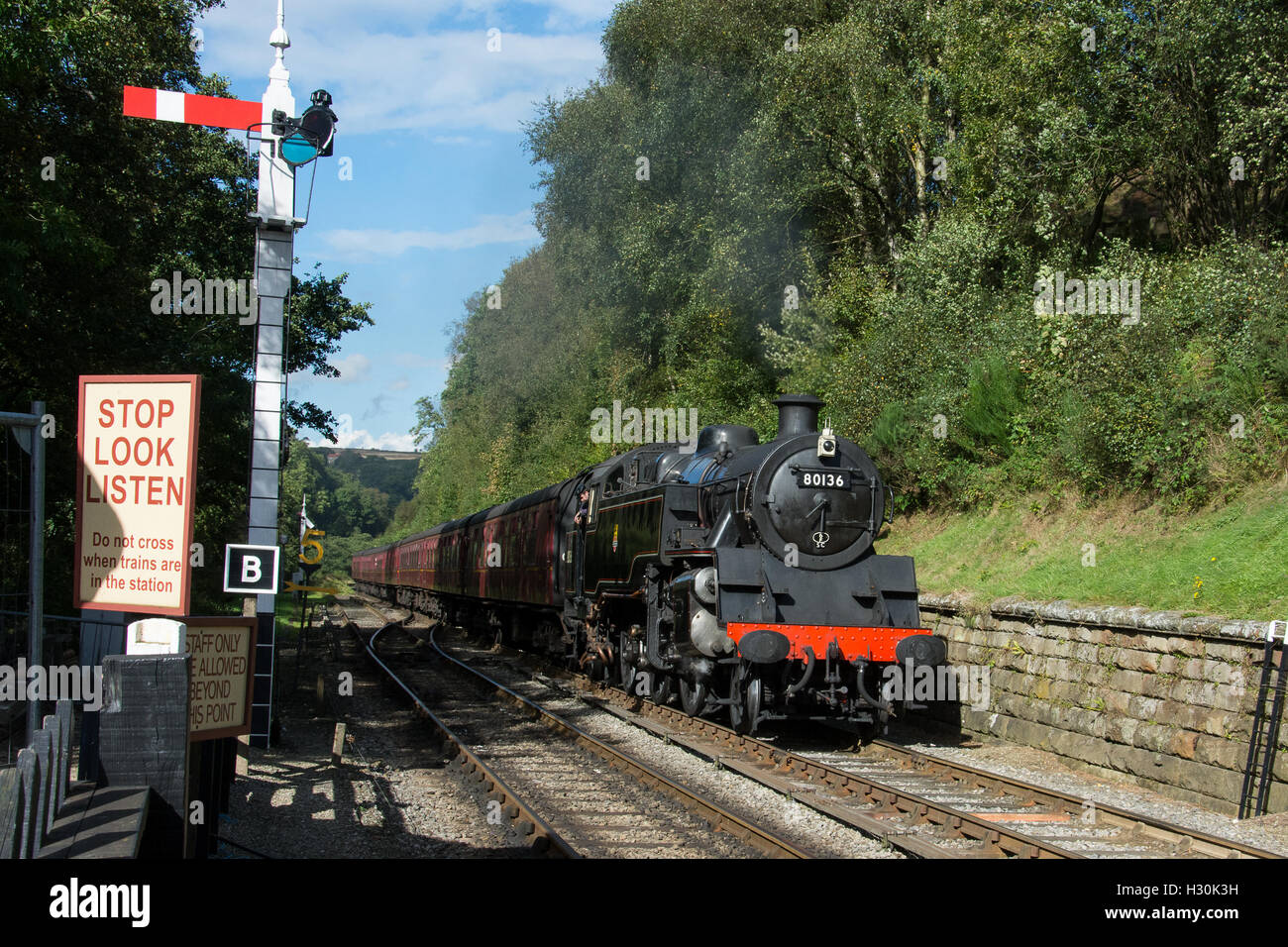 Standard tank number 80136 at Goathland during the Welsh Autumn steam gala on the NYMR North Yorkshire Moors Railway. Stock Photo