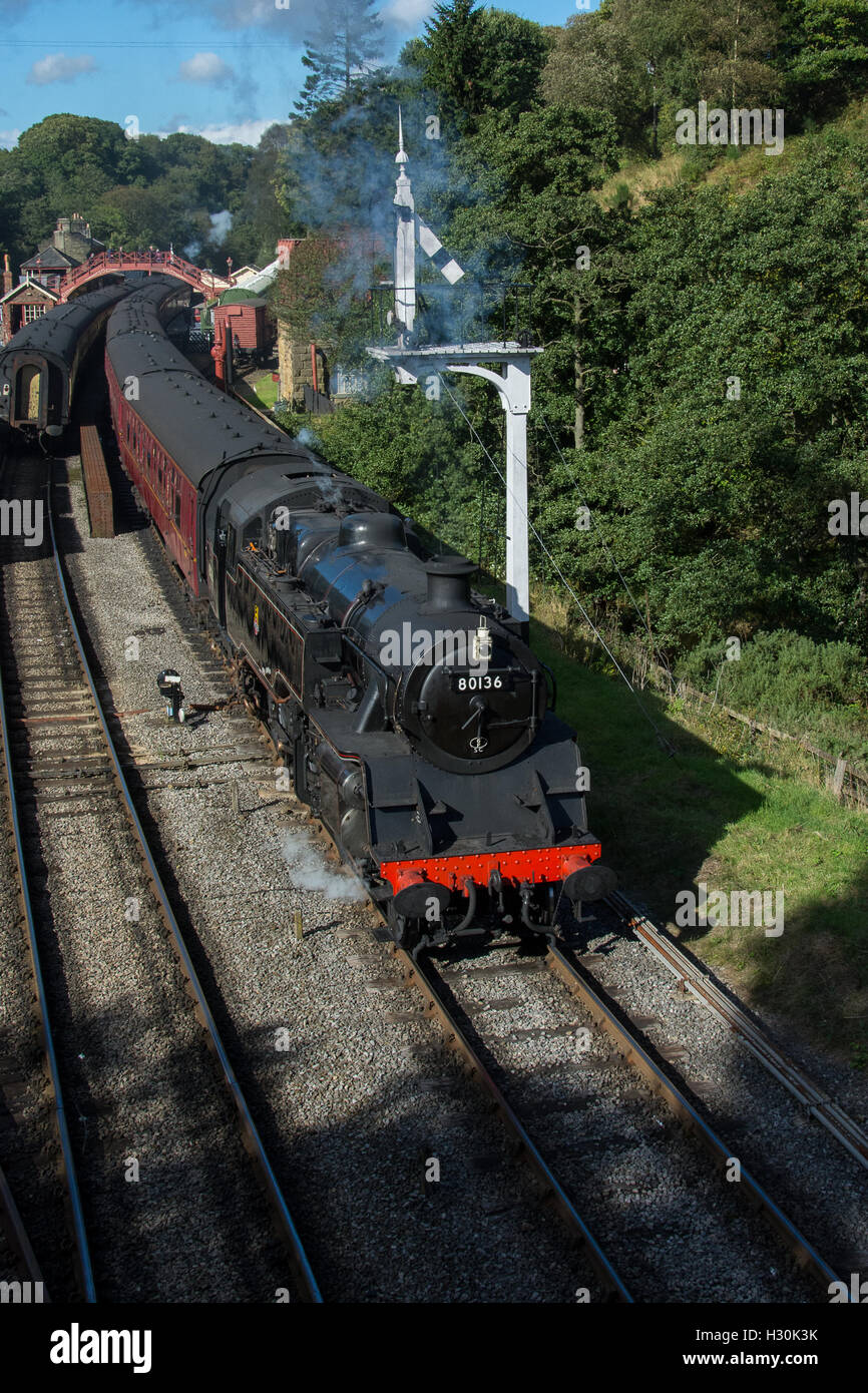 Standard tank number 80136 at Goathland during the Welsh Autumn steam gala on the NYMR North Yorkshire Moors Railway. Stock Photo