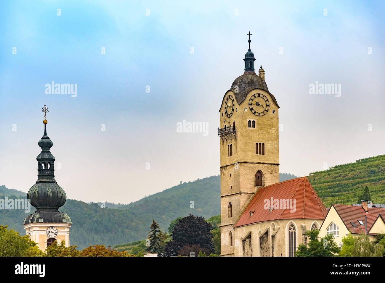 Two church spires along the river Danube, lower Austria. Stock Photo