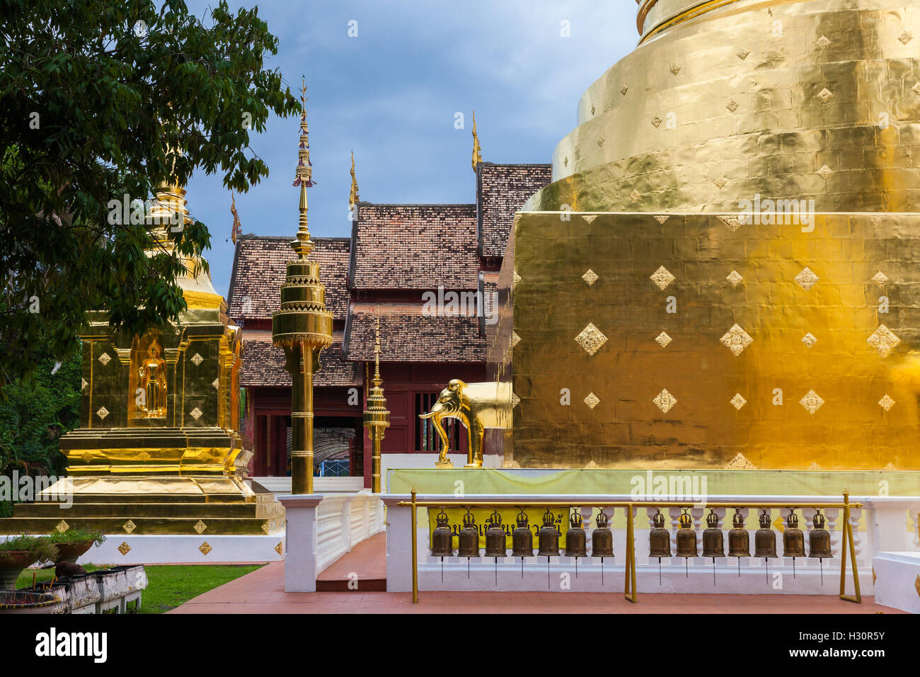 Dusk View of the Wat Phra Singh temple, the most revered temple in Chiang Mai, Thailand. Stock Photo