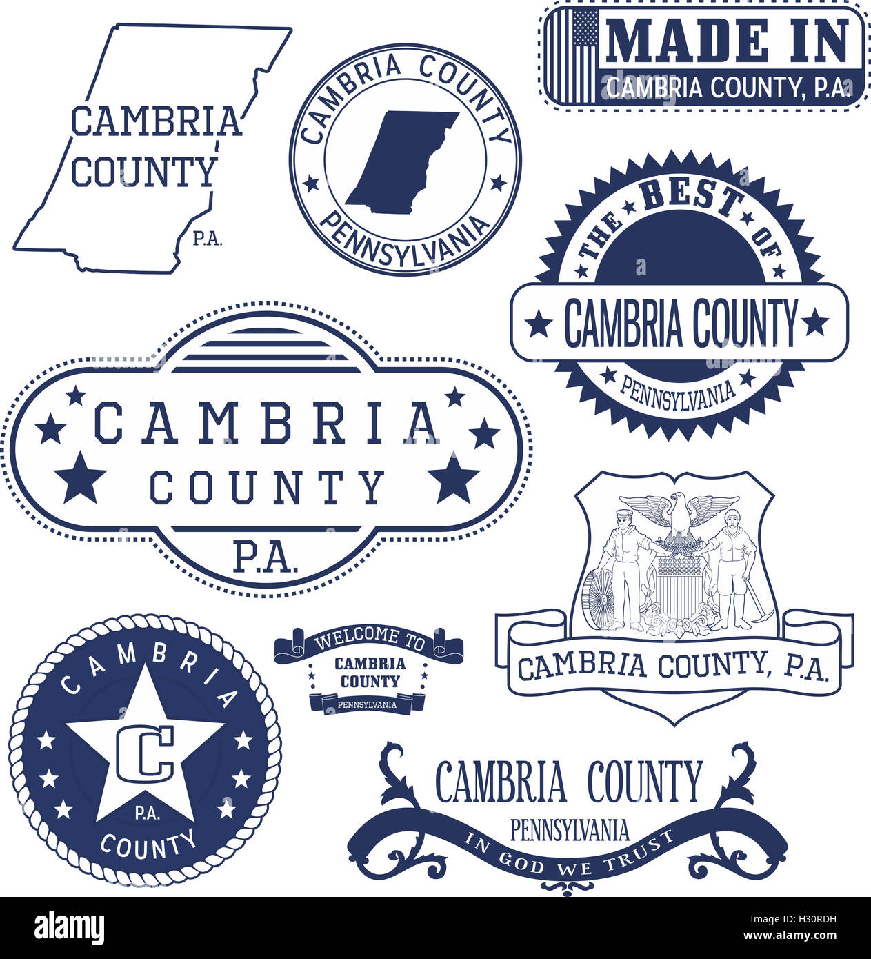 Set of generic stamps and signs of Cambria county, Pennsylvania Stock Photo