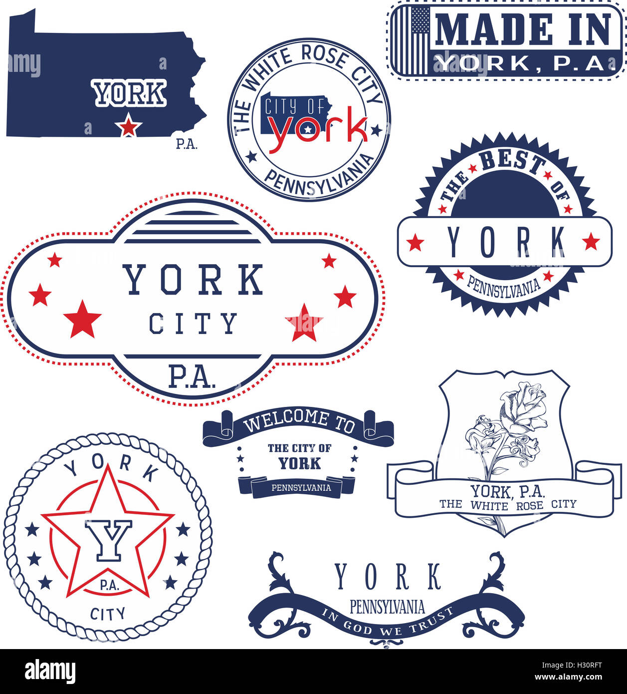 Set of generic stamps and signs of York city, Pennsylvania Stock Photo