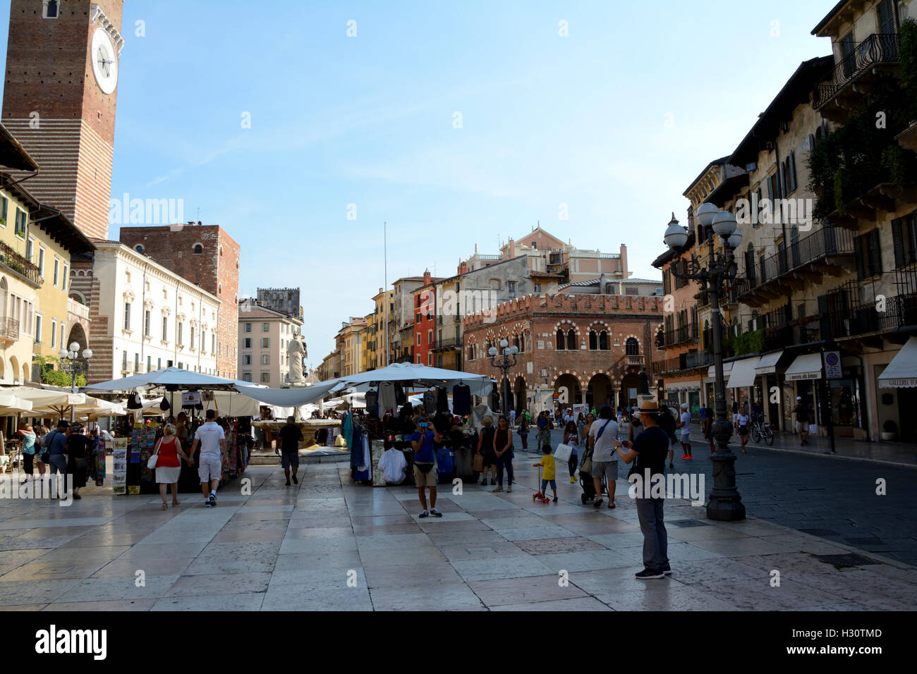 Verona, Italy - September 3, 2016: Piazza Delle Erbe square in Verona, Italy. Unidentified people visible. Stock Photo