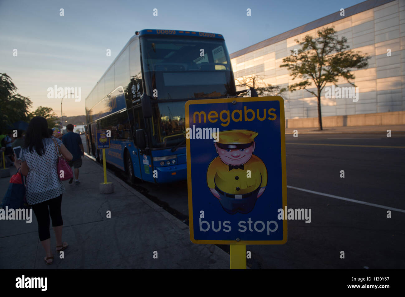 New York, NY, USA. 13th Sep, 2016. Passengers board a Megabus on 34th