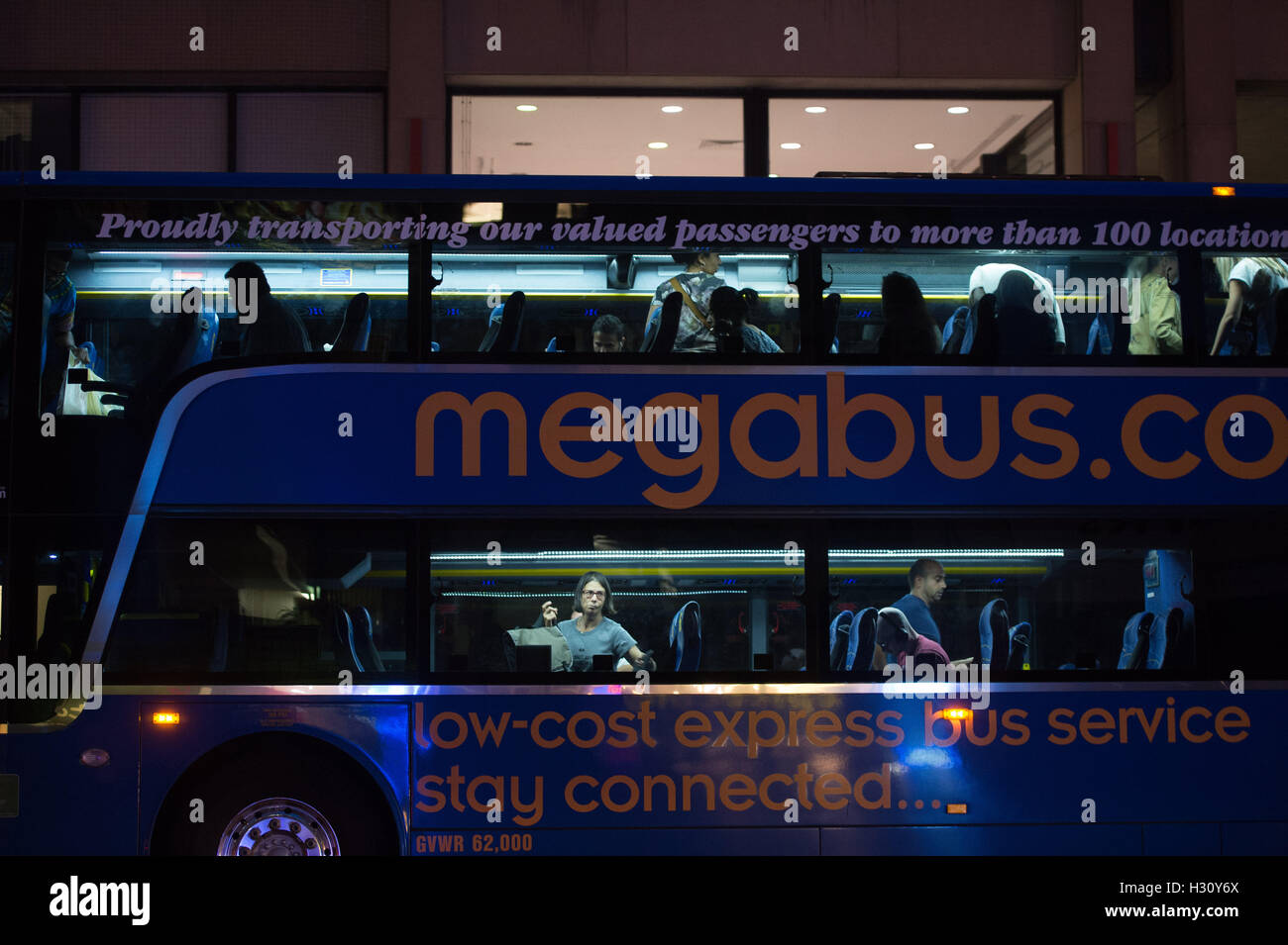 New York, NY, USA. 13th Sep, 2016. A Megabus arrives to the stop at FIT