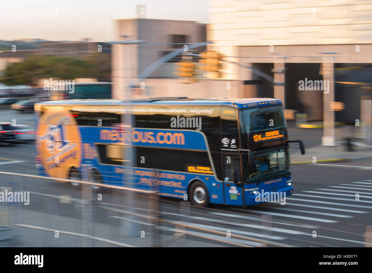 New York, NY, USA. 13th Sep, 2016. A Megabus moves across West 34th