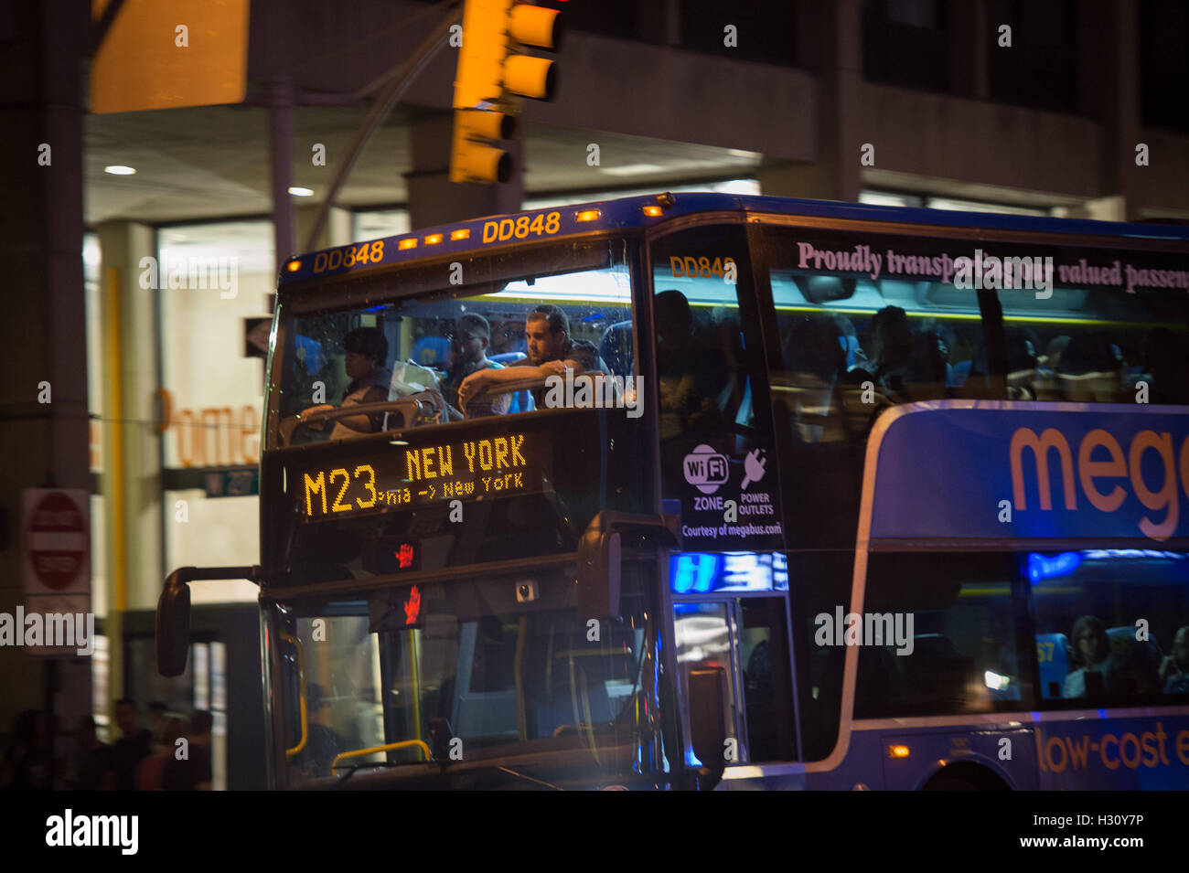 New York, NY, USA. 13th Sep, 2016. A Megabus arrives to the stop at FIT