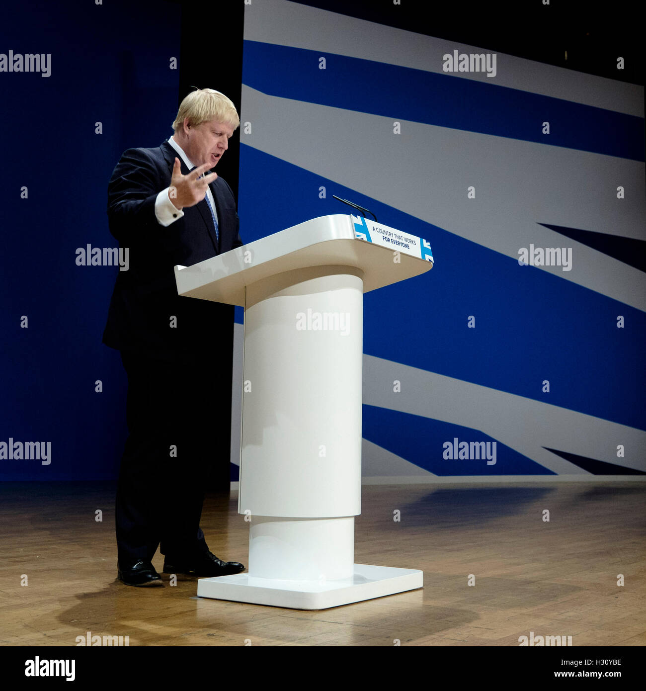 Conservative Party Conference  on 02/10/2016 at Birmingham ICC, Birmingham. Persons pictured: Boris Johnson, Secretary of State for Foreign and Commonwealth Affairs, addresses the conference on the first day . Picture by Julie Edwards. Stock Photo