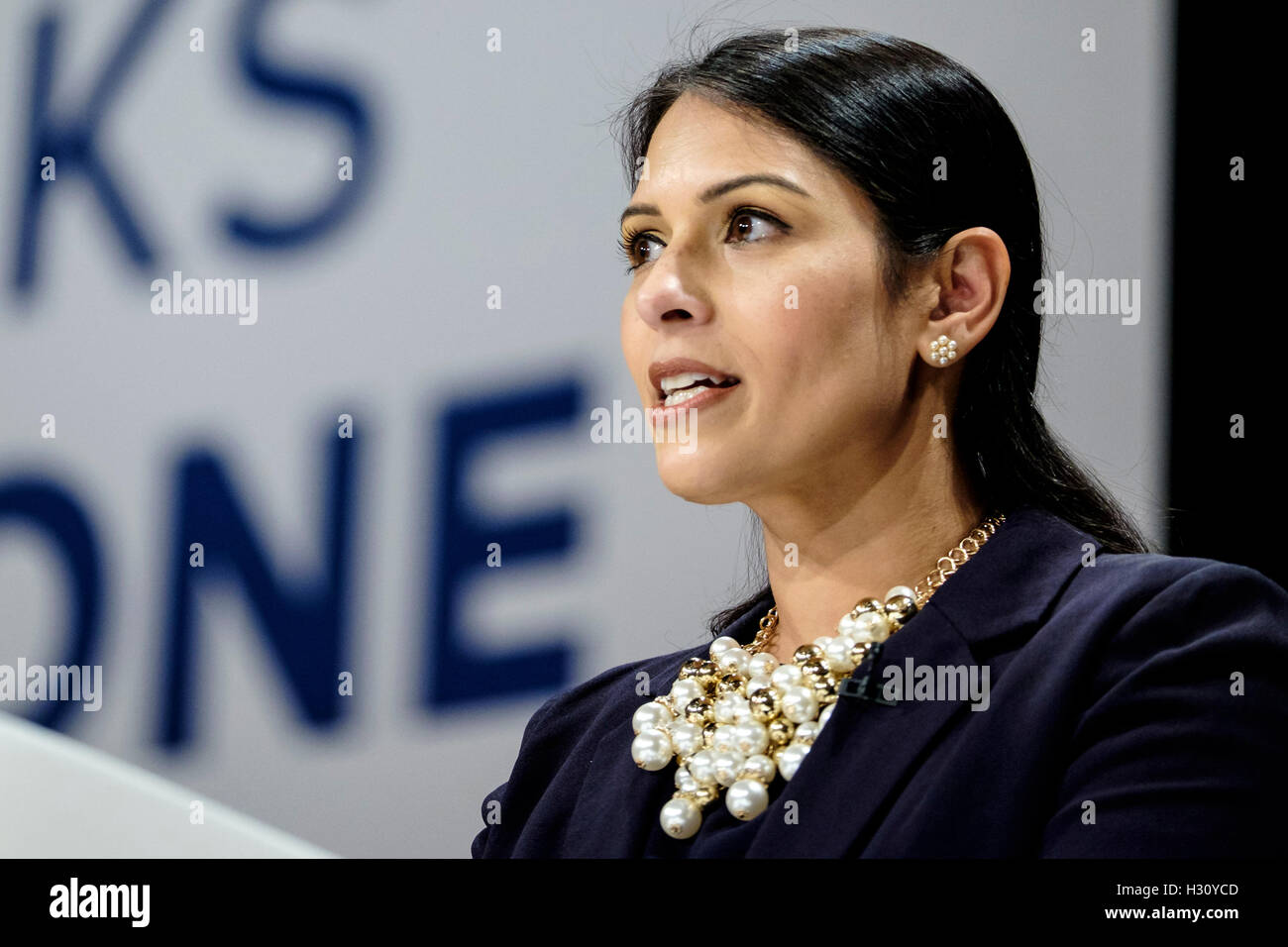 Conservative Party Conference  on 02/10/2016 at Birmingham ICC, Birmingham. Persons pictured: Priti Patel, Secretary of State for International Development , addresses the conference about BREXIT on the first day . Picture by Julie Edwards. Stock Photo