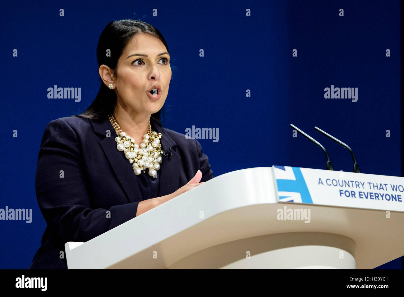 Conservative Party Conference  on 02/10/2016 at Birmingham ICC, Birmingham. Persons pictured: Priti Patel, Secretary of State for International Development , addresses the conference about BREXIT on the first day . Picture by Julie Edwards. Stock Photo