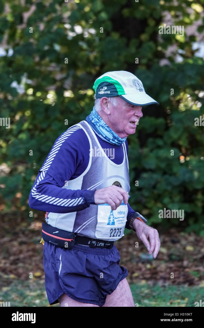 One of the more senior runners in the Chester Marathon sets a good pace
