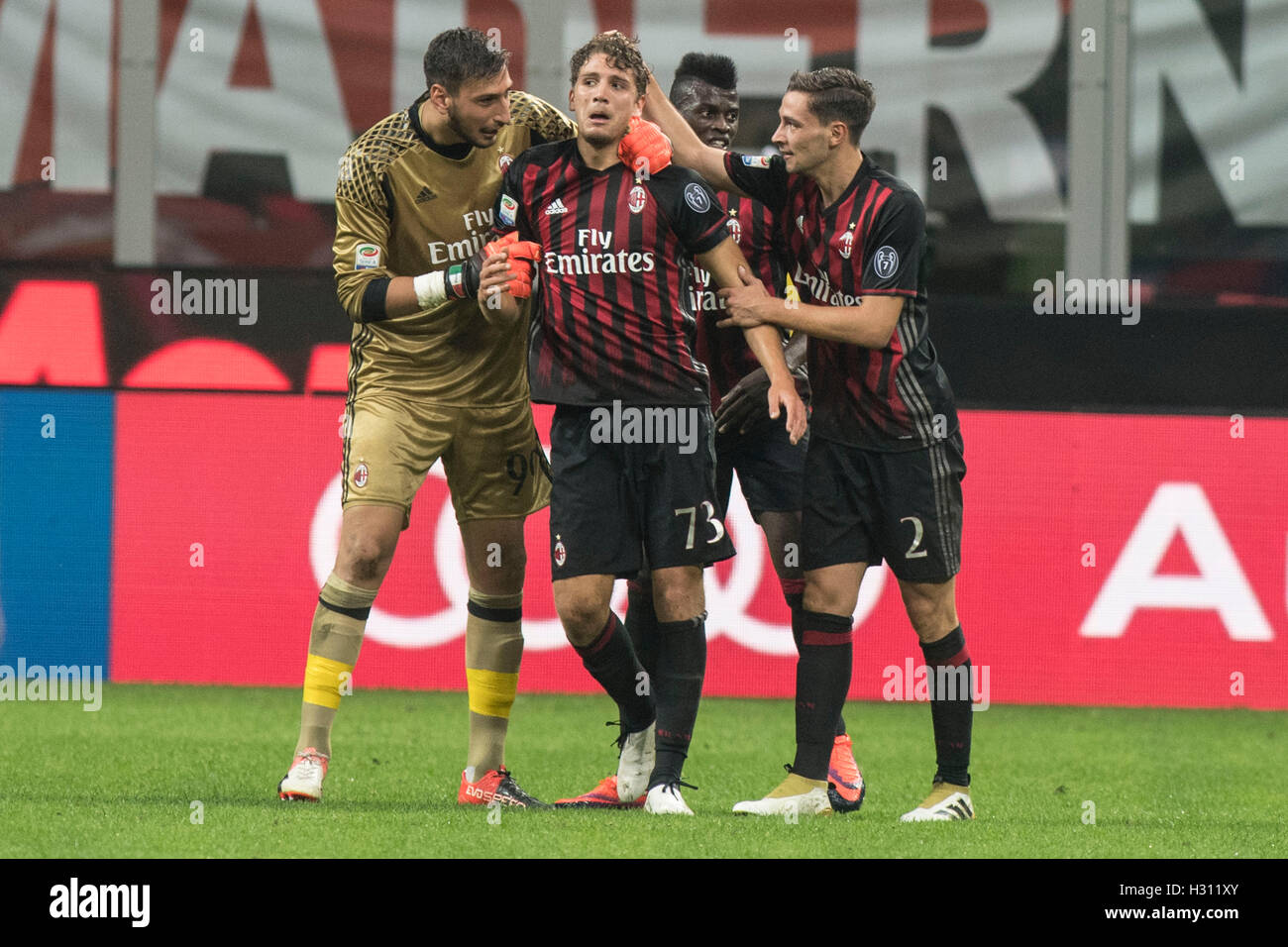 Milan, Italy. 2nd Oct, 2016. AC Milan team group, OCTOBER 2, 2016 - Football/Soccer : Manuel Locatelli (2L) of AC Milan celebrates after scoring their 3rd goal during the Italian 'Serie A' match between AC Milan 4-3 US Sassuolo at Stadio Giuseppe Meazza in Milan, Italy, Credit:  Enrico Calderoni/AFLO SPORT/Alamy Live News Stock Photo