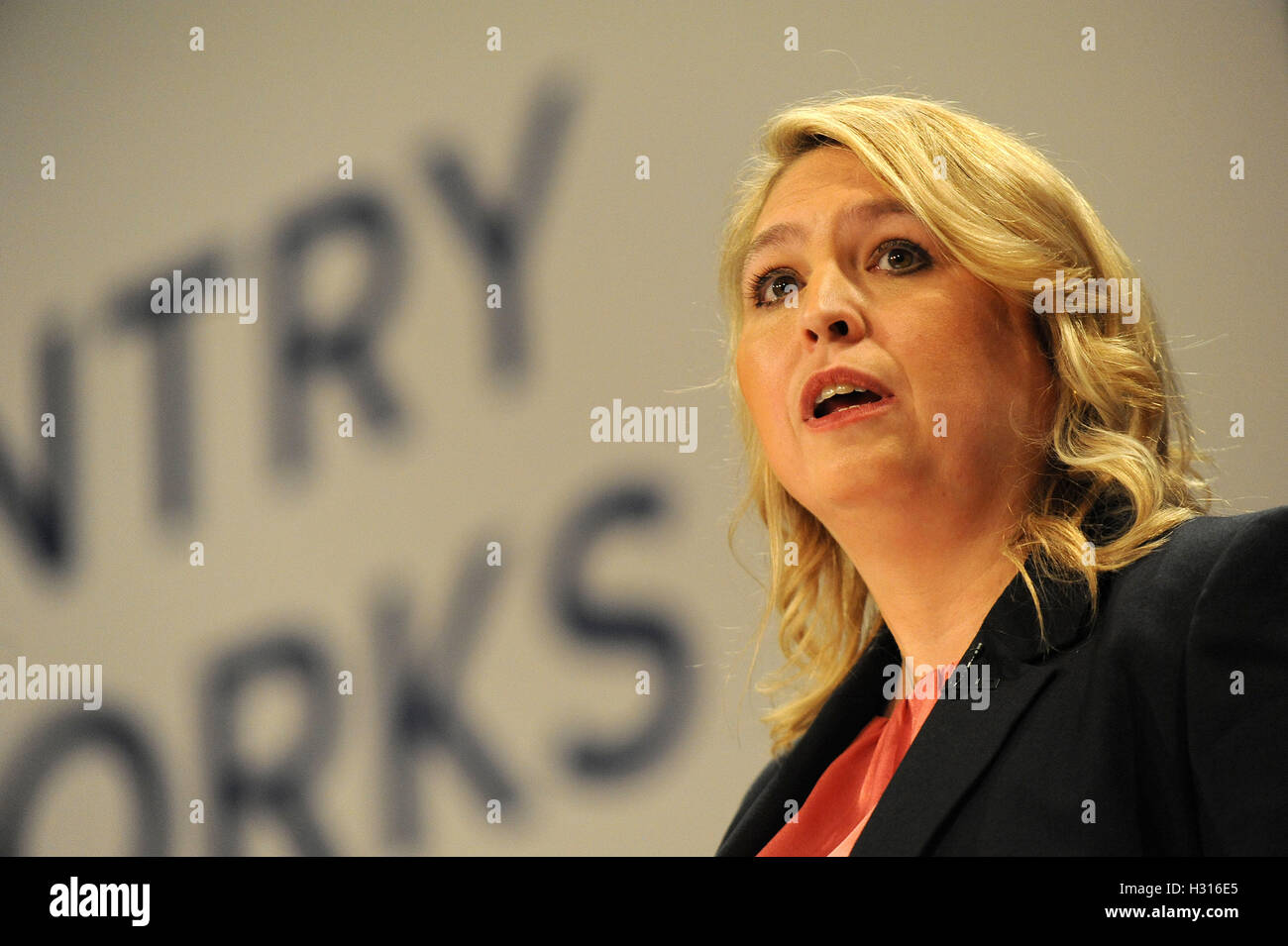 Birmingham, England. 3rd October, 2016.  Karen Bradley, Secretary of State for Culture, Media and Sport, delivers her speech to conference, on the second day of the Conservative Party Conference at the ICC Birmingham. The theme of the speech was 'An Economy that Works for Everyone'. This conference follows the referendum decision for the UK to leave the European Union, and the subsequent election of Theresa May as  leader of the Conservative Party. Kevin Hayes/Alamy Live News Stock Photo