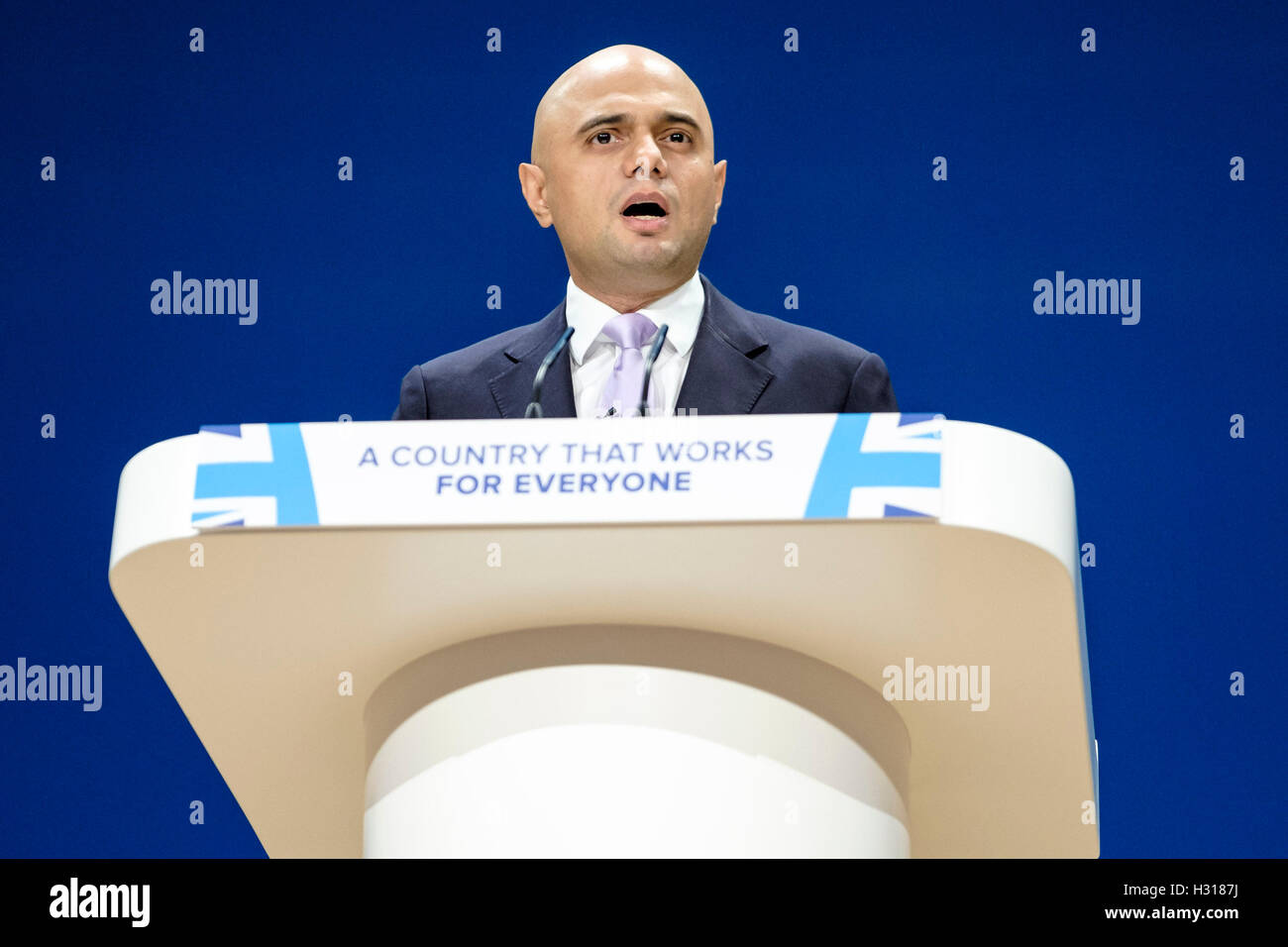 Conservative Party Conference day 2 on 03/10/2016 at Birmingham ICC, Birmingham. Persons pictured: Sajid Javid, Secretary of State for Communities and Local Government, addresses conference . Picture by Julie Edwards. Stock Photo