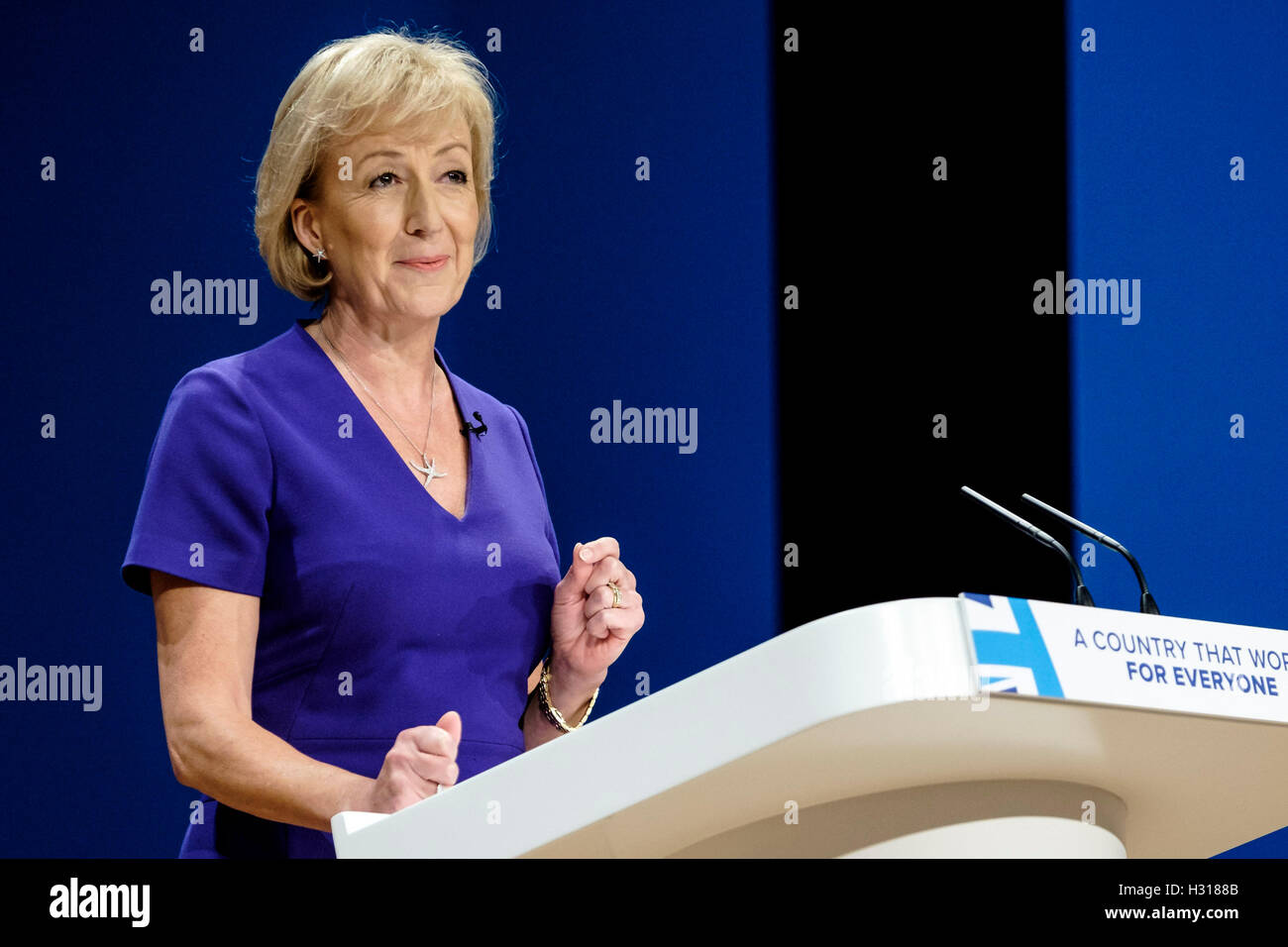 Conservative Party Conference day 2 on 03/10/2016 at Birmingham ICC, Birmingham. Persons pictured: Andrea Leadsom, Secretary of State for Environment, Food and Rural Affairs , addresses conference . Picture by Julie Edwards. Stock Photo