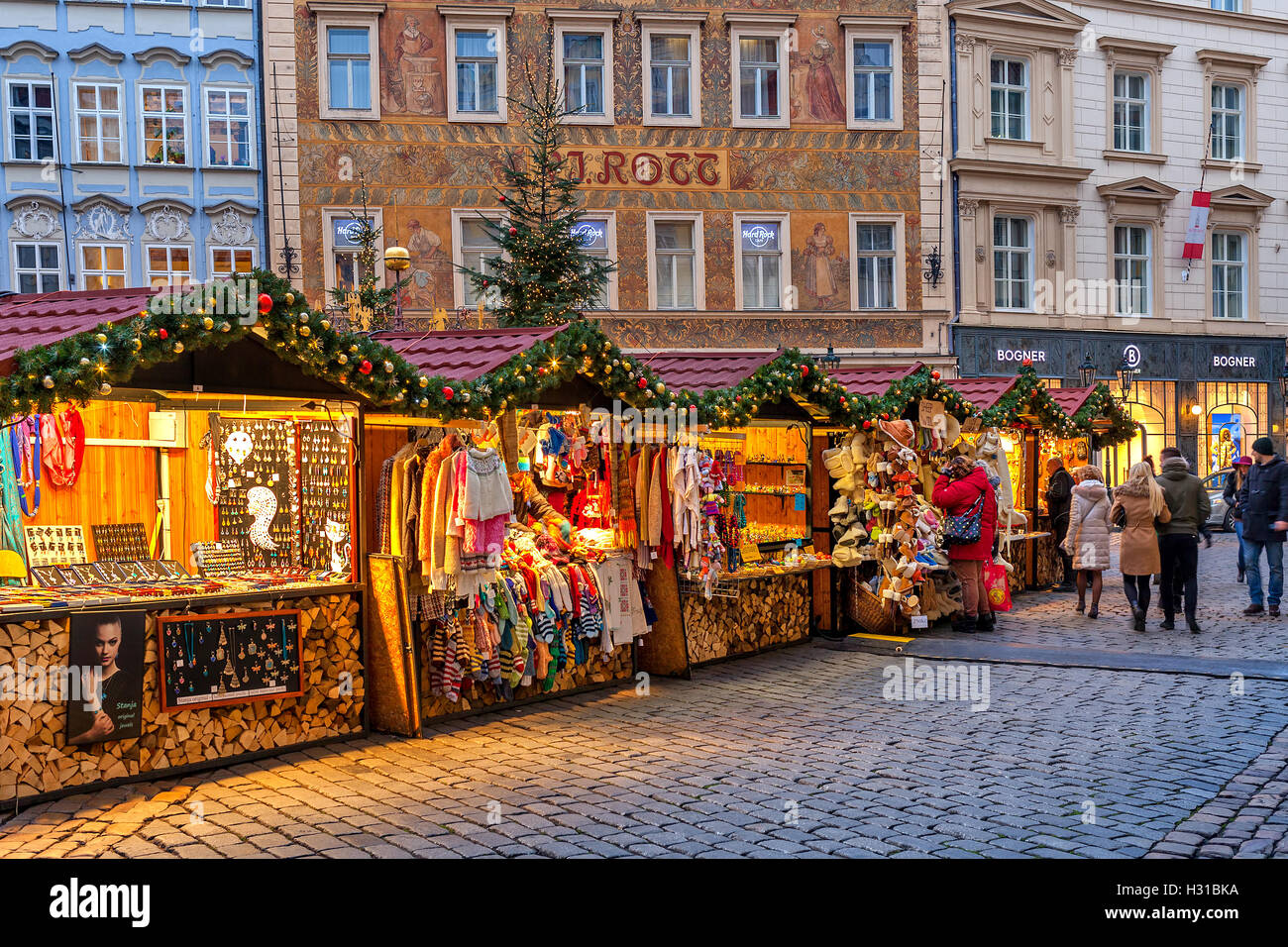 Wooden booths in Old Town of Prague offering souvenirs and products ...