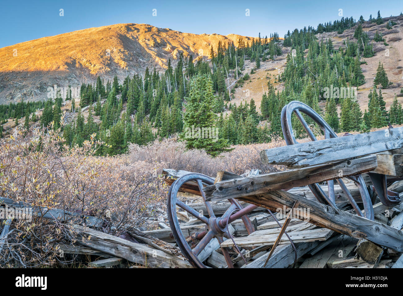 ruins of gold mine near Mosquito Pass in Rocky Mountains, Colorado - parts of aerial tramway used to transport gold ore Stock Photo