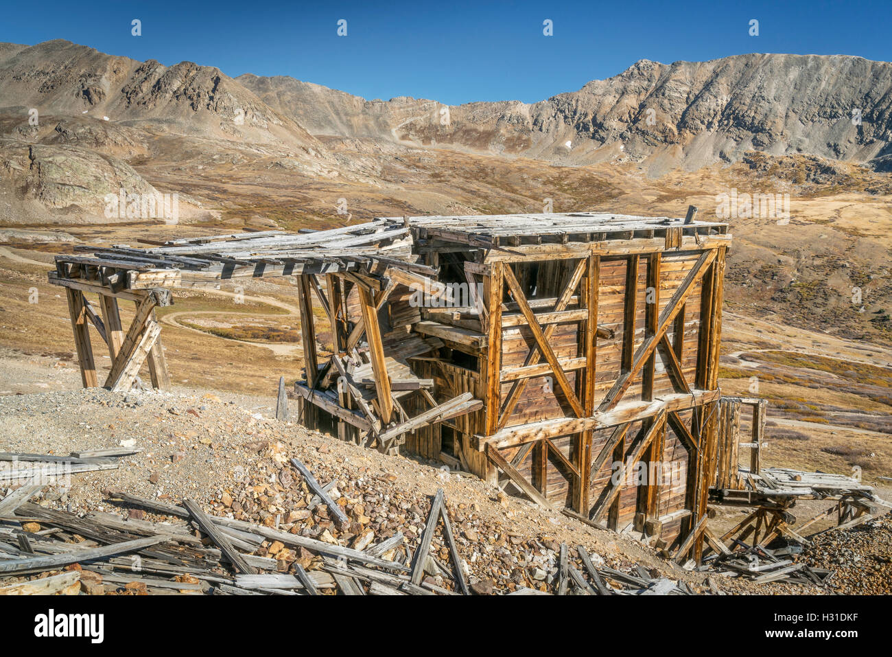 ruins of gold mine near Mosquito Pass in Rocky Mountains, Colorado - upper station of aerial tramway used to transport gold ore Stock Photo