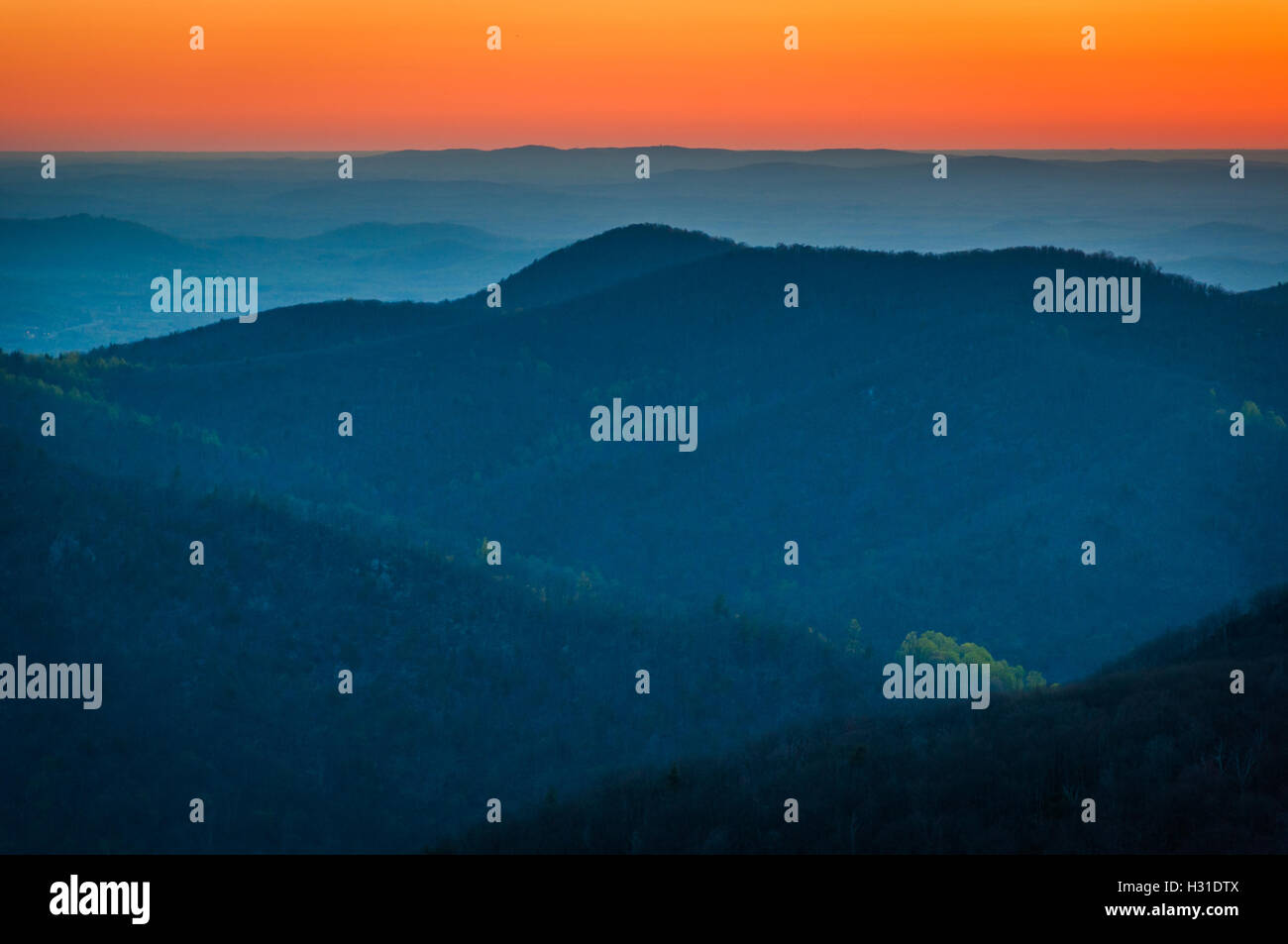 Sunrise over the Appalachian Mountains, seen from Skyline Drive in Shenandoah National Park, Virginia. Stock Photo
