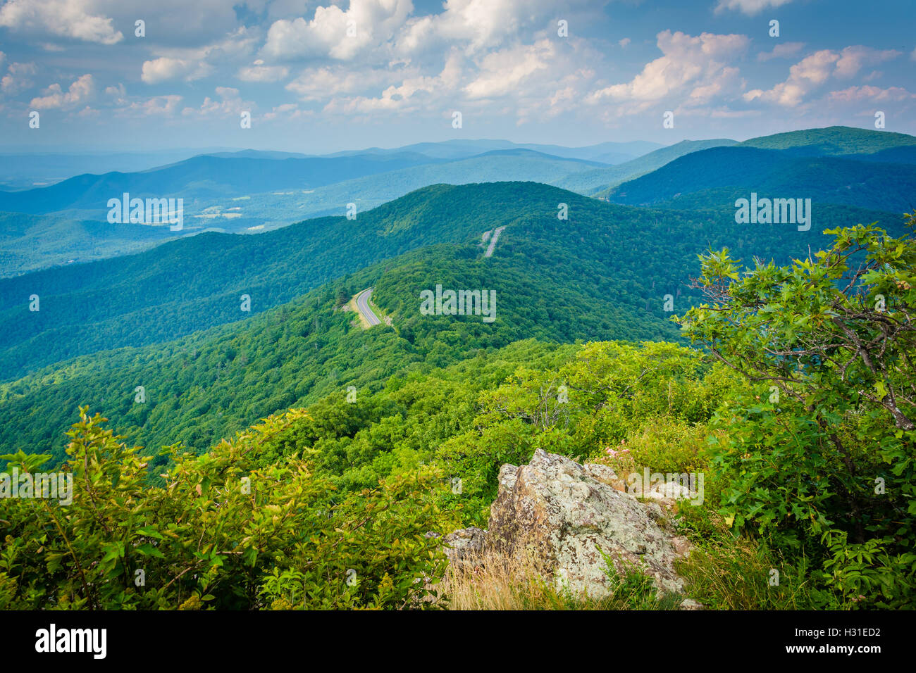 View of the Blue Ridge Mountains from Little Stony Man Cliffs, in Shenandoah National Park, Virginia. Stock Photo