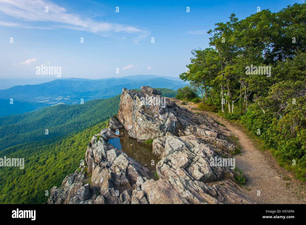 Water puddle on Little Stony Man Cliffs and view of the Blue Ridge ...