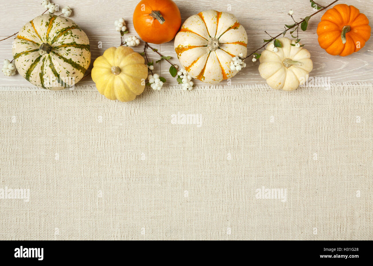 Miniature pumpkins on rustic wood and burlap cloth background. Simple, natural country style fall autumn decorations. Stock Photo