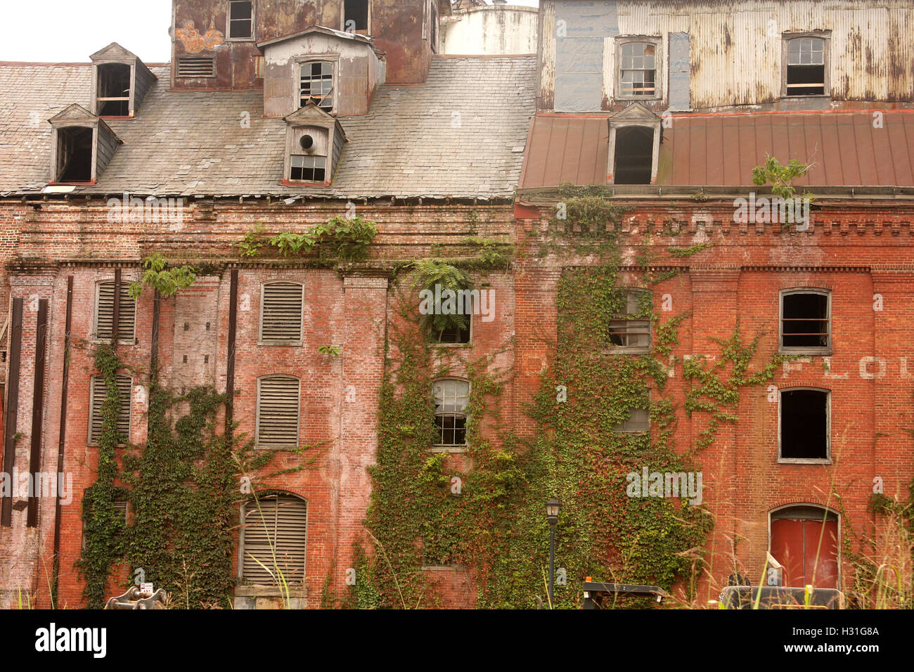 The abandoned Piedmont Flour Mill and Silo buildings on Jefferson