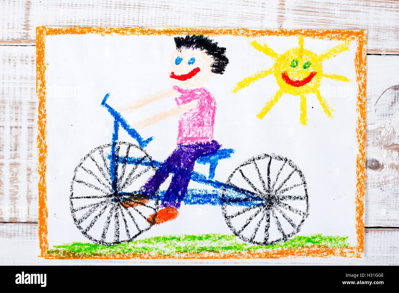 Colorful Drawing Boy Riding Bike Stock Photo 122351502 Alamy